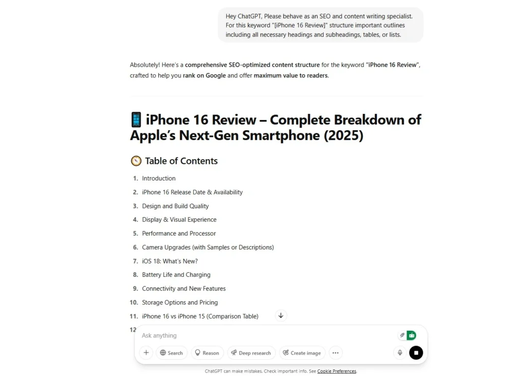 Making Structured Outline for "iPhone 16 Review" keyword on ChatGPT AI Tool